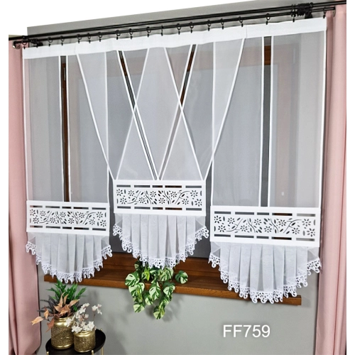 Firany panelowe FF759 z panelem V, ażurem i gipiurą – komplet 3 sztuk