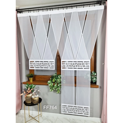 komplet firan panelowych FF764 – 1 panel V i jeden panel balkonowy z ażurem, woal, kolekcja Fiora, idealne do salonu z w