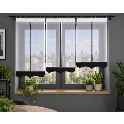 Firany panelowe LUNA FL839 – komplet 3 stopniowanych paneli z czarnym ażurem i cyrkoniami