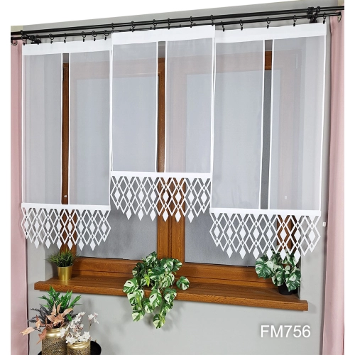 Nowoczesna firanka panelowa FM756 – zestaw 3 paneli z geometrycznym ażurem z kolekcji Mira, do kuchni, jadalni lub salon