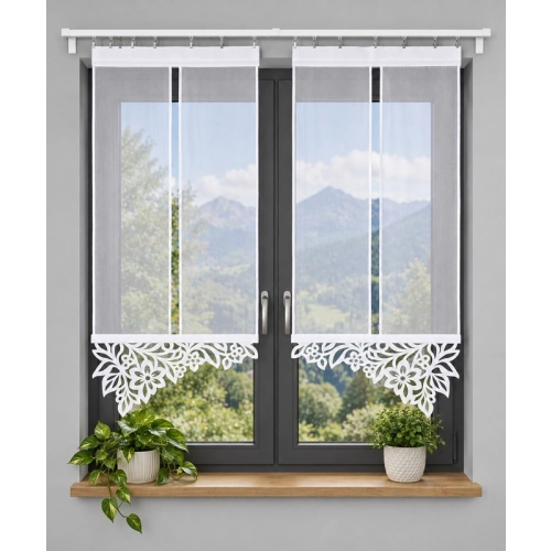 Gotowe panele firanowe VELIA FV851 – biały woal i ażur, 2 szt. 60 cm